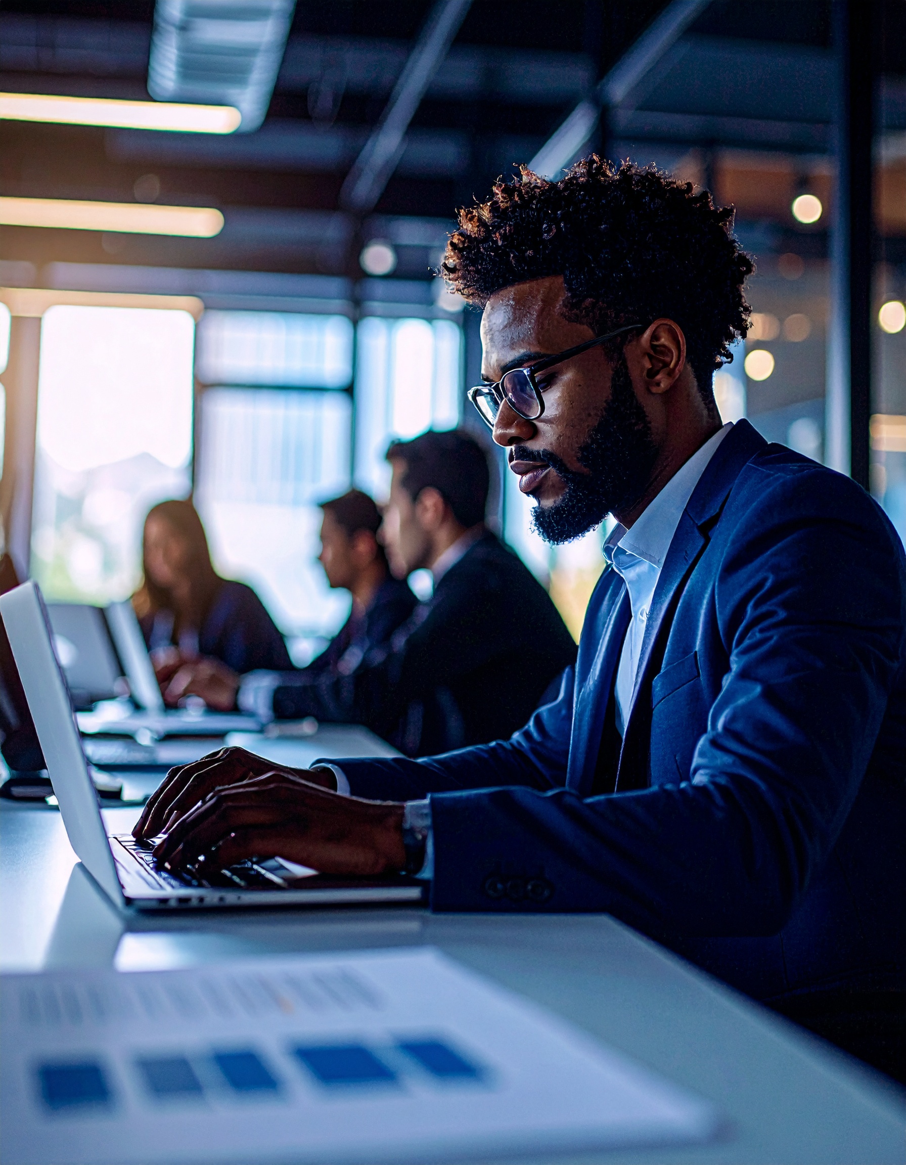 Homem vestido formalmente trabalha em um laptop em ambiente de escritório moderno, com iluminação suave e janelas grandes ao fundo. A imagem destaca a concentração e o foco profissional, com silhuetas de colegas ao fundo, criando uma sensação de colaboração. A composição é equilibrada, com foco nítido no trabalhador em primeiro plano e detalhes de documentos na mesa.